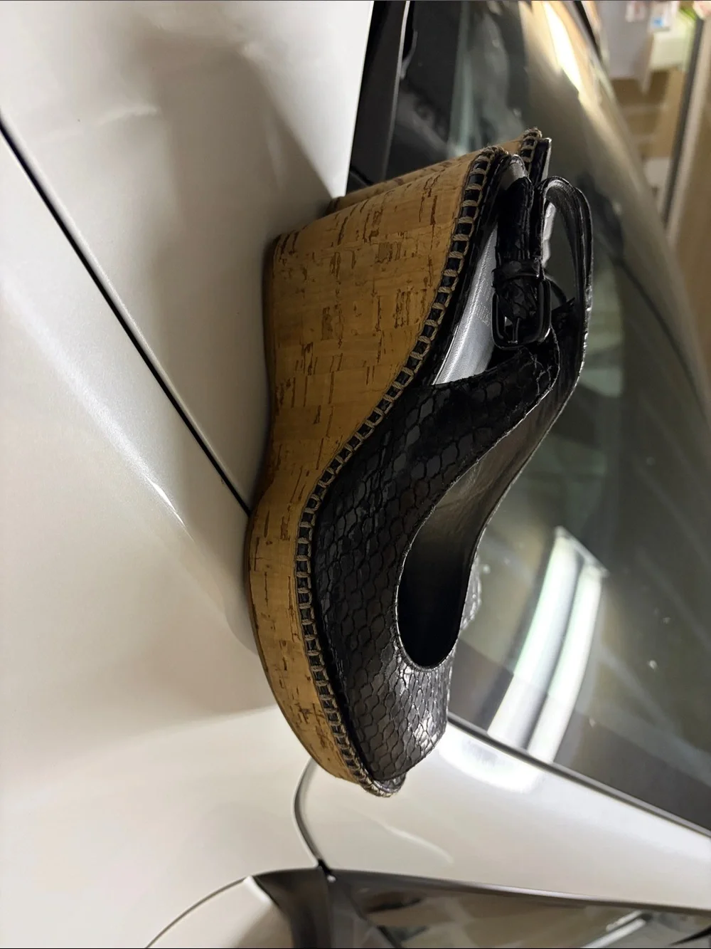 Stuart Weitzman Black Snakeskin Peep-Toe Espadrille Wedges